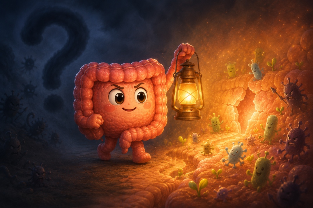 The gut character shining a light in a dark room, a symbol for understanding Crohn's disease