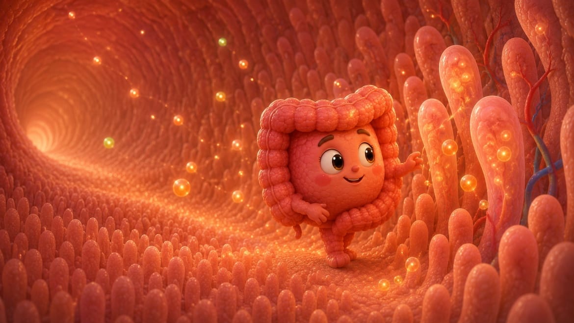 Friendly gut character at a table weighing up which foods do and do not fit the low-FODMAP diet