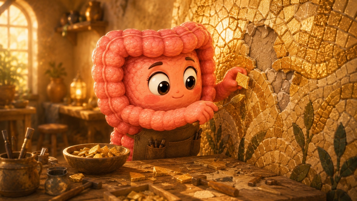 Illustration of the gut character investigating the causes of ulcerative colitis