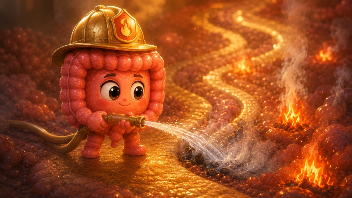 Illustration of the gut character using a magnifying glass to investigate the causes of Crohn's