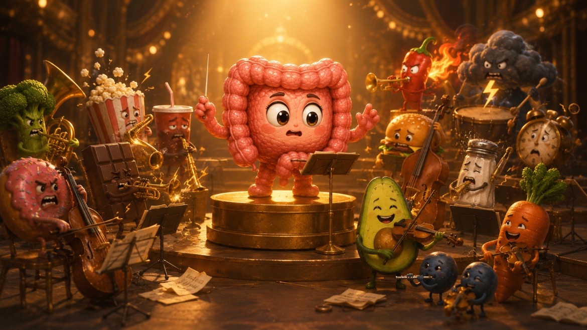 Illustration of the gut character investigating the causes of irritable bowel syndrome