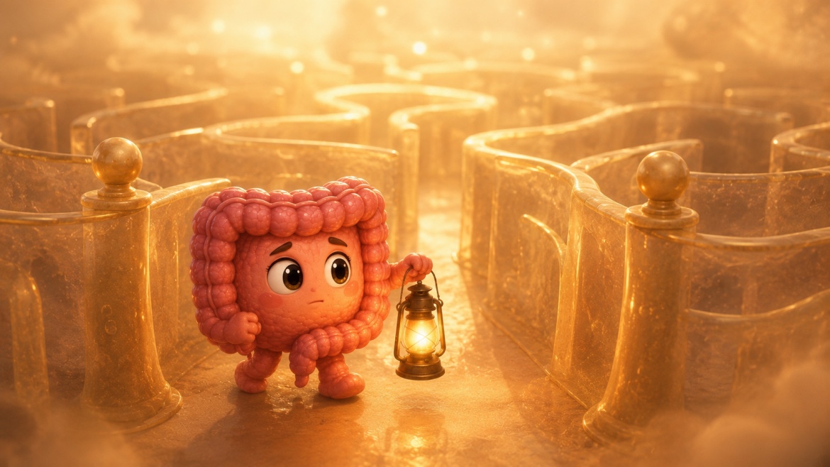 Illustration of the gut character investigating the causes of unexplained gut issues