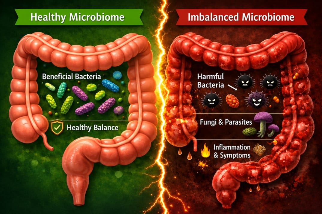 A disrupted gut flora: unwanted bacteria, fungi, and parasites gain room