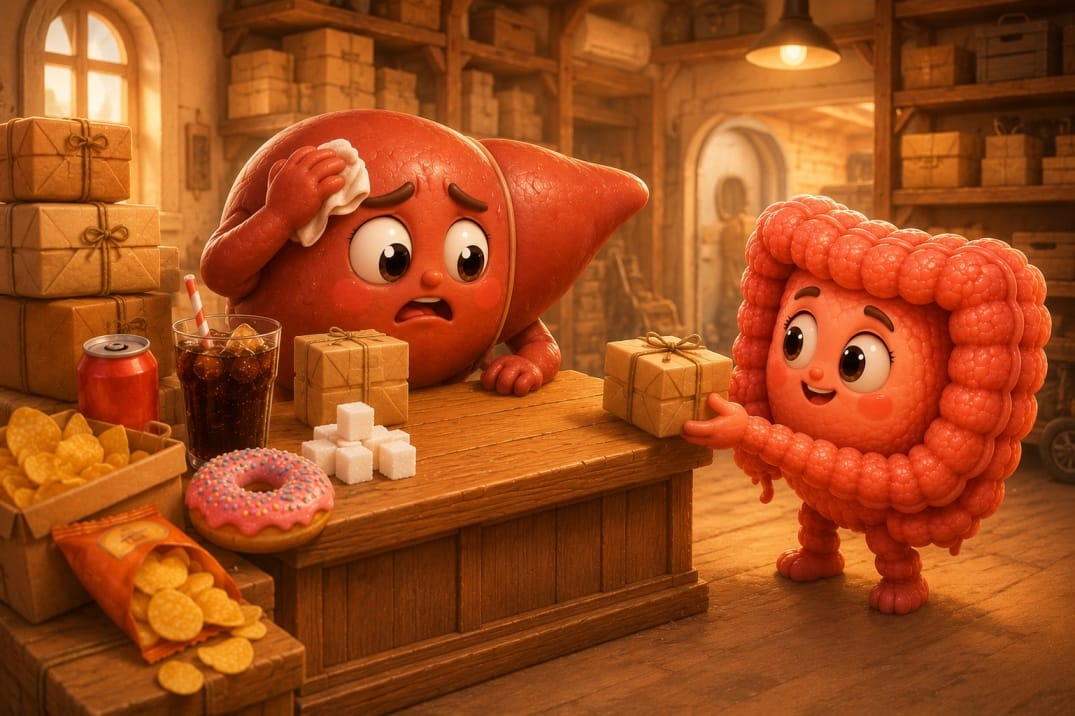 Cartoon of a tired liver character as the overloaded distribution centre of the body, with incoming sugar and processed food
