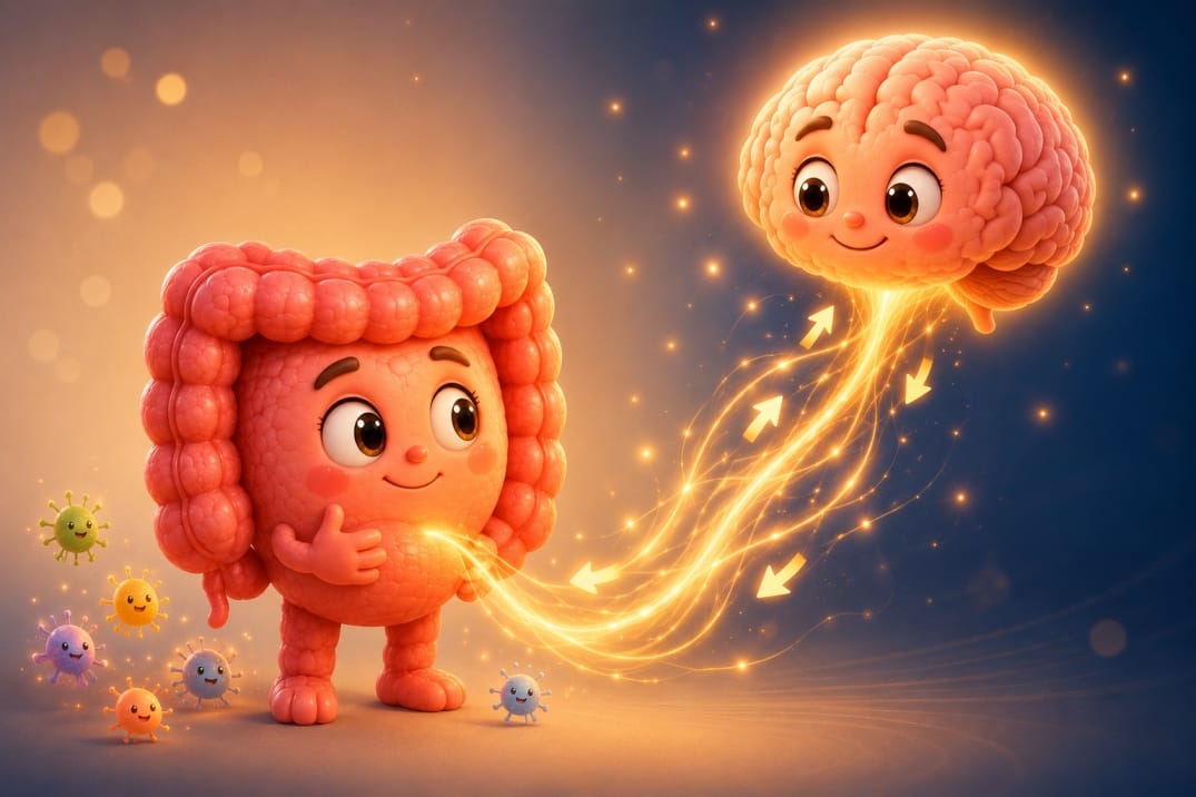Cartoon of the gut character and a friendly brain character connected by the vagus nerve as a golden highway of light, with particles moving in both directions