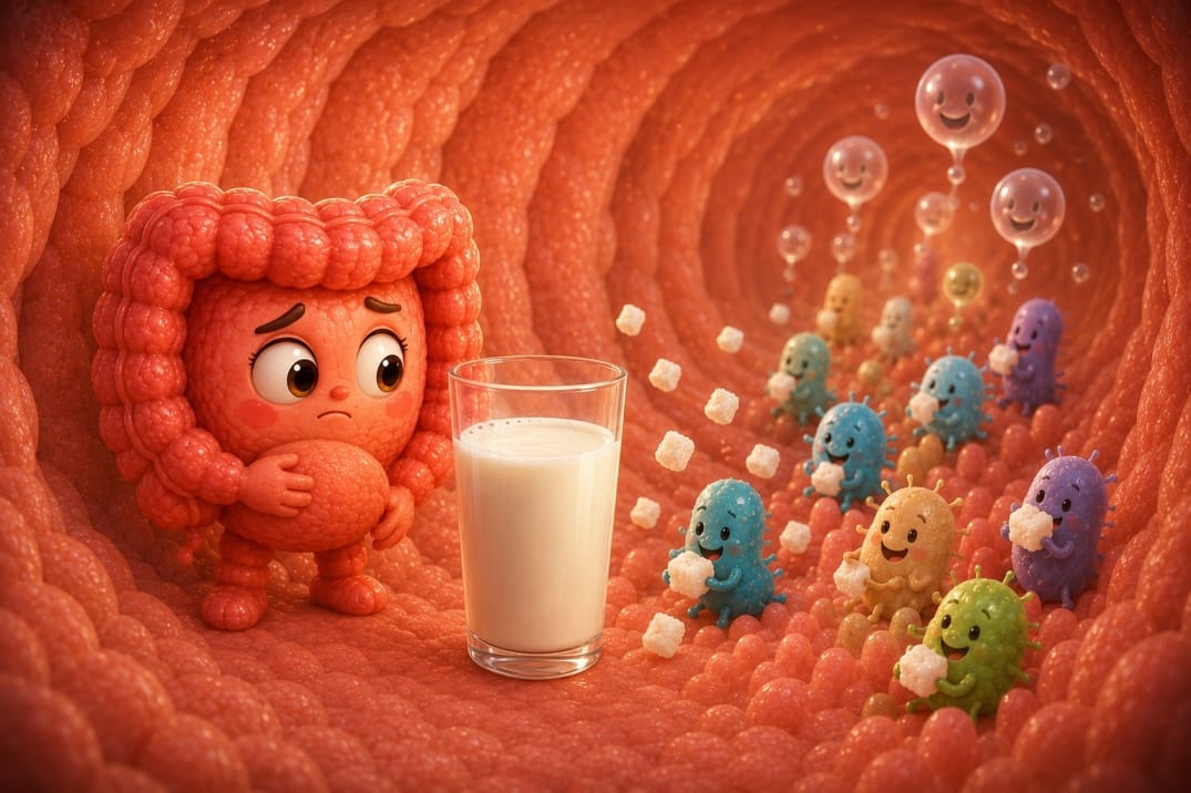 Cartoon of a gut character looking uneasily at a glass of milk while gut bacteria ferment the milk sugar and gas bubbles form
