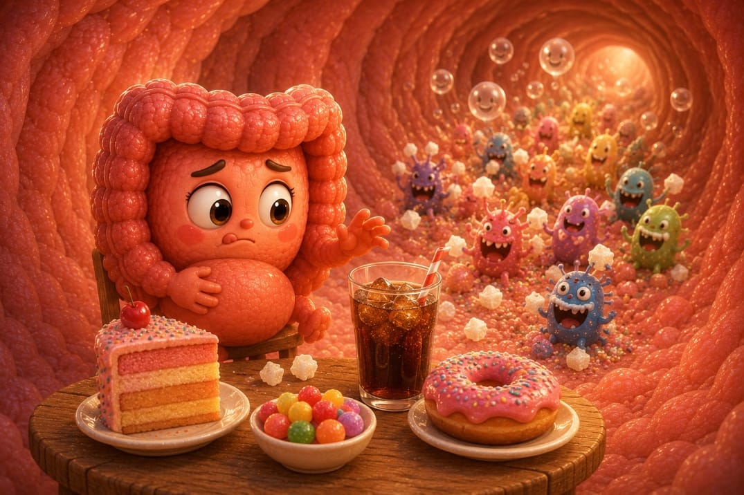 Cartoon of a gut character looking longingly at a sugary meal while the wrong gut bacteria feast on the sugar, grow out of proportion and gas bubbles rise