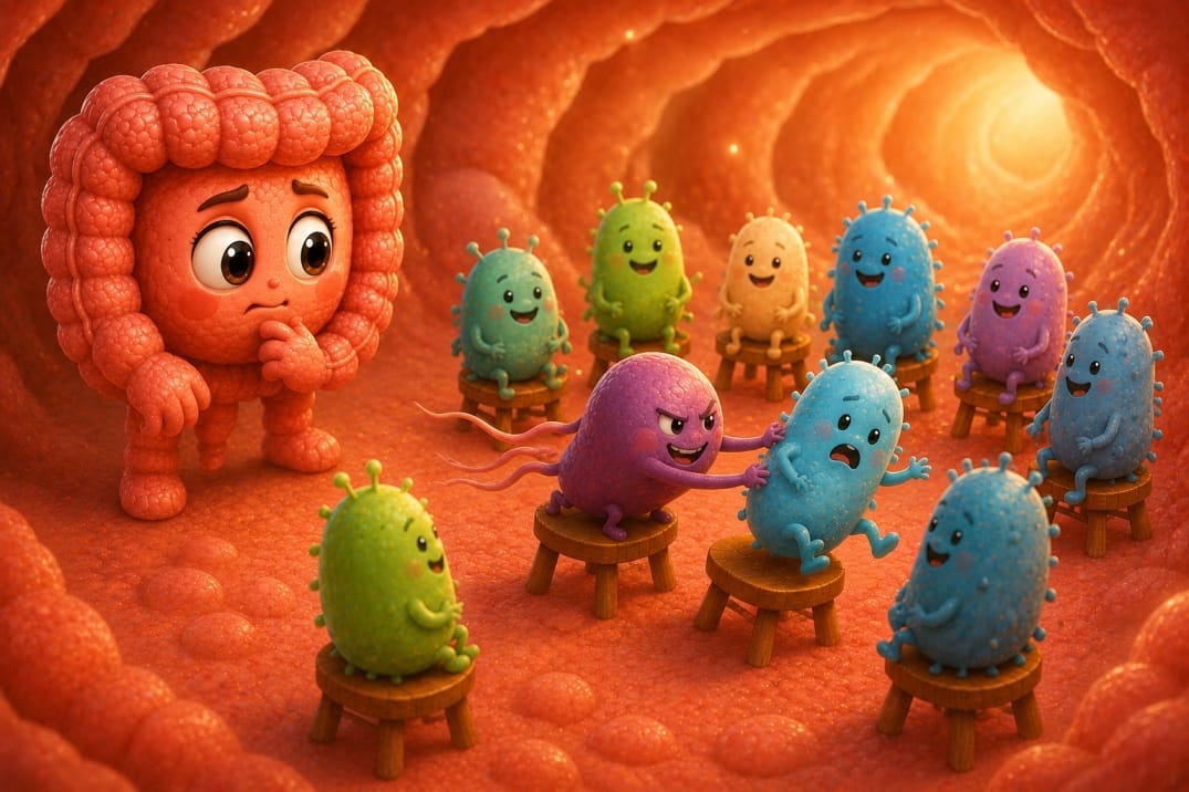 Cartoon of a gut character watching anxiously as a little parasite grabs a free chair among the gut-flora bacteria
