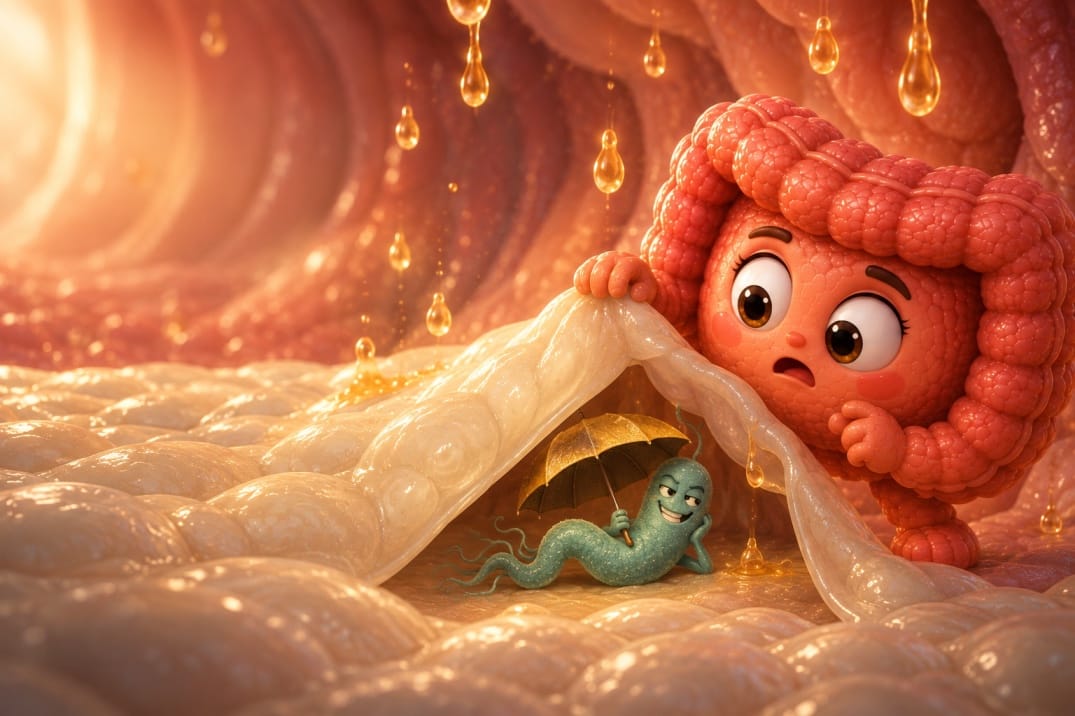 Gut character lifting the mucus layer and catching a spiral-shaped Helicobacter pylori sheltering from stomach acid under a tiny umbrella