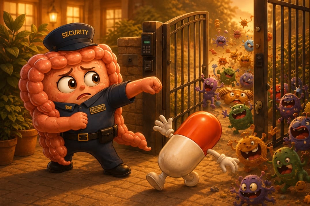 Gut character looking at a strip of acid blocker tablets, with the security guard of the stomach stepping away from the entrance