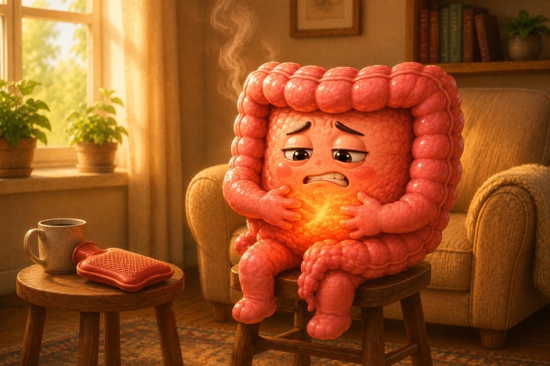 Cartoon of a gut character looking worried at a glass of squash that is far too strong, as a metaphor for stomach acid with the wrong composition