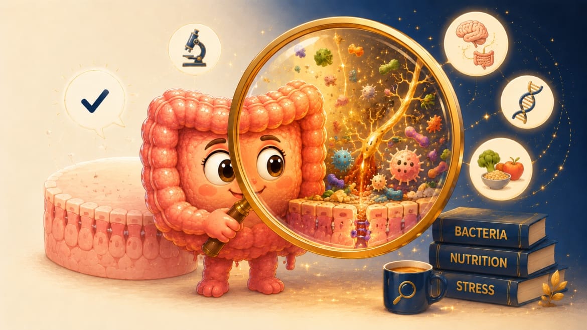 Illustration of the gut character looking through a magnifying glass at the gut wall, bacteria and nutrition: what standard tests can miss in chronic gut issues